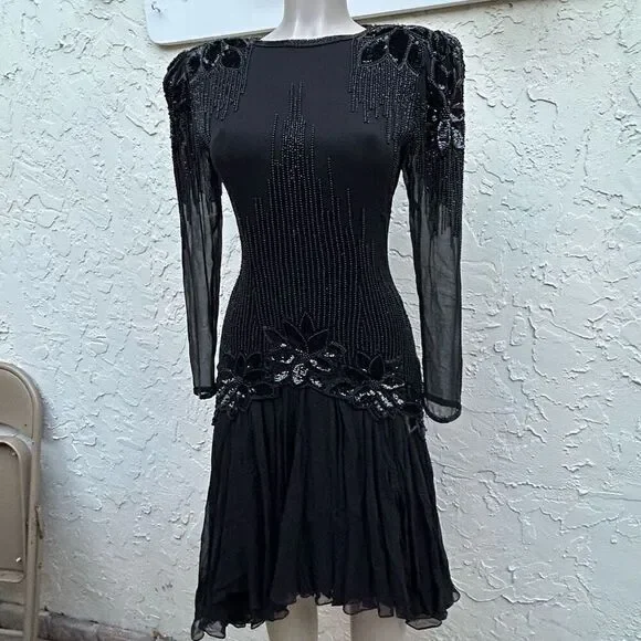 Vintage Black Tie He-Ro Evening Dress 8 Black Sequined Beaded Silk Drop Waist
